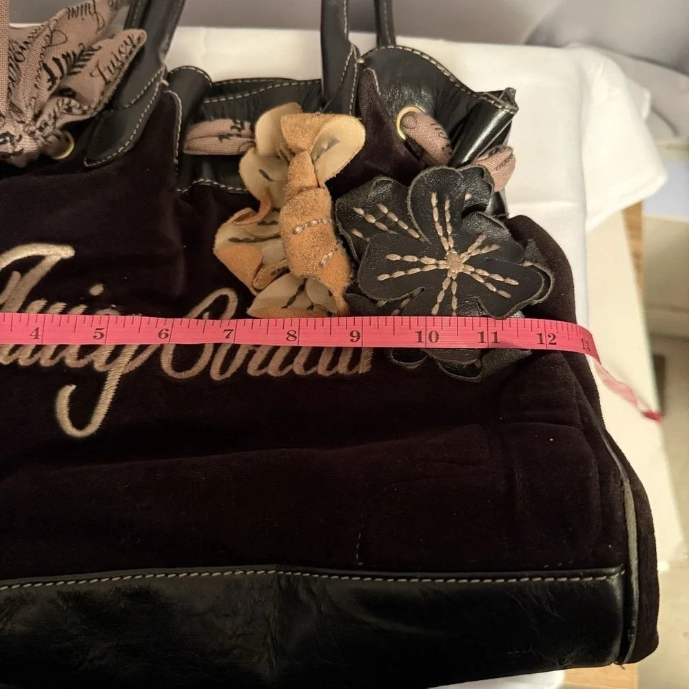 Vintage Juicy Couture Daydreamer Velour Brown Flower Appliqué Tote Bag Purse Bow
